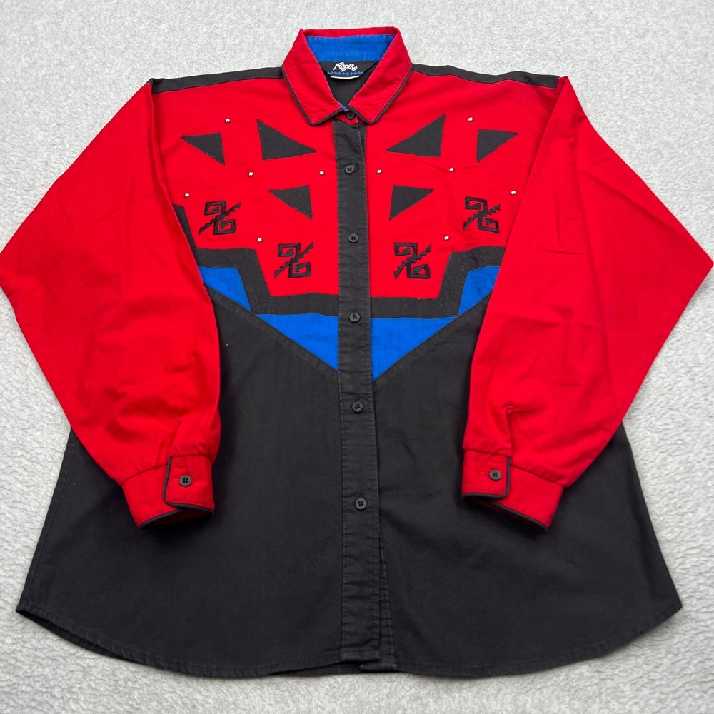 Roper Western Shirt Womens Medium Red Black Colorblock Studded Rodeo USA Made